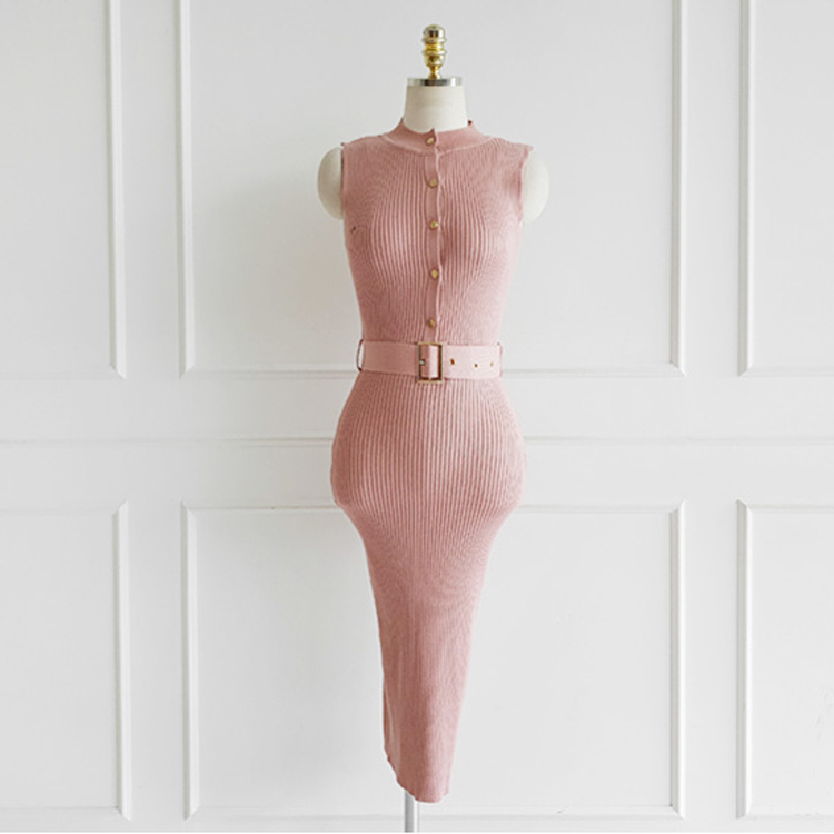 Elegant Slim Simple Stretch Knitting Dress Summer Women's es Sleeveless Single Breasted Belt Pencil 210506