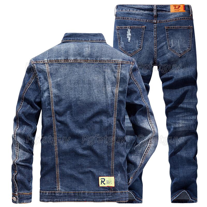 Men's Tracksuits Fashion Slim Sets Spring Autumn Dark Blue Denim Cotton Long Sleeve Jacket + Ripped Hole Jeans Couple Two Piece Set