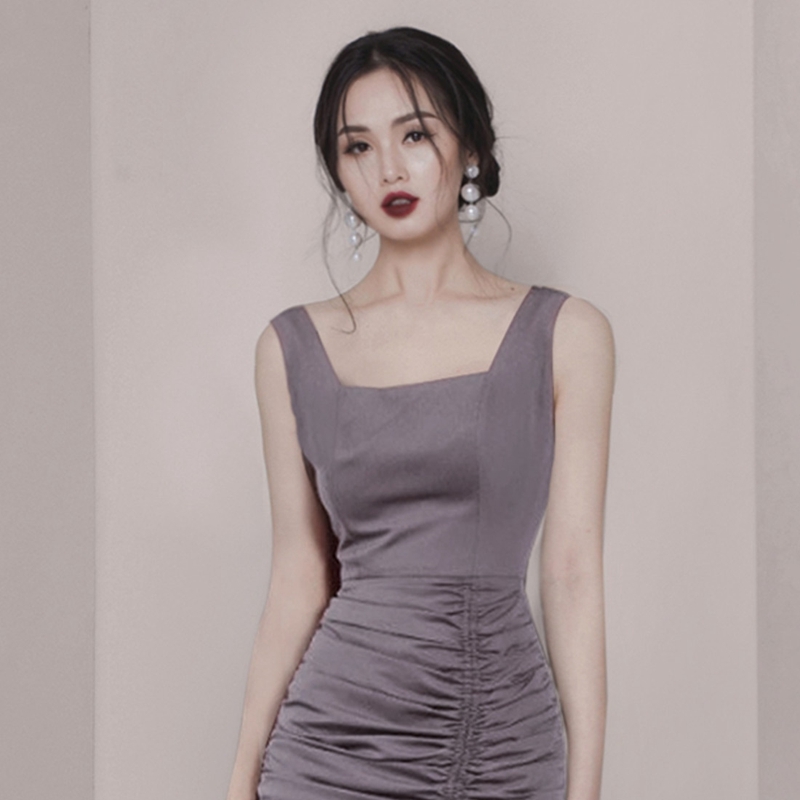 Korean Split Sexy Elegant Occupation Dress Women Summer Square Collar OL Office Dresses Sheath Bodycon Tank Vestidos 210506