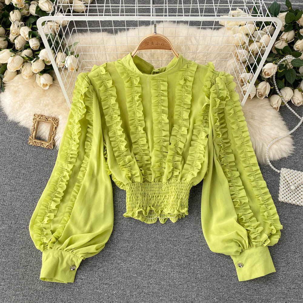 Chic French Women Blouse Shirts Elastic Ruched Slim Ruffles Long Sleeve Tops 2022 New Fashion Streetwear Short Blouses Autumn, Same as picture
Chic French Women Blouse Shirts Elastic Ruched Slim Ruffles Long Sleeve Tops 2022 New Fashion Streetwear Short Blouses Autumn, Same as picture