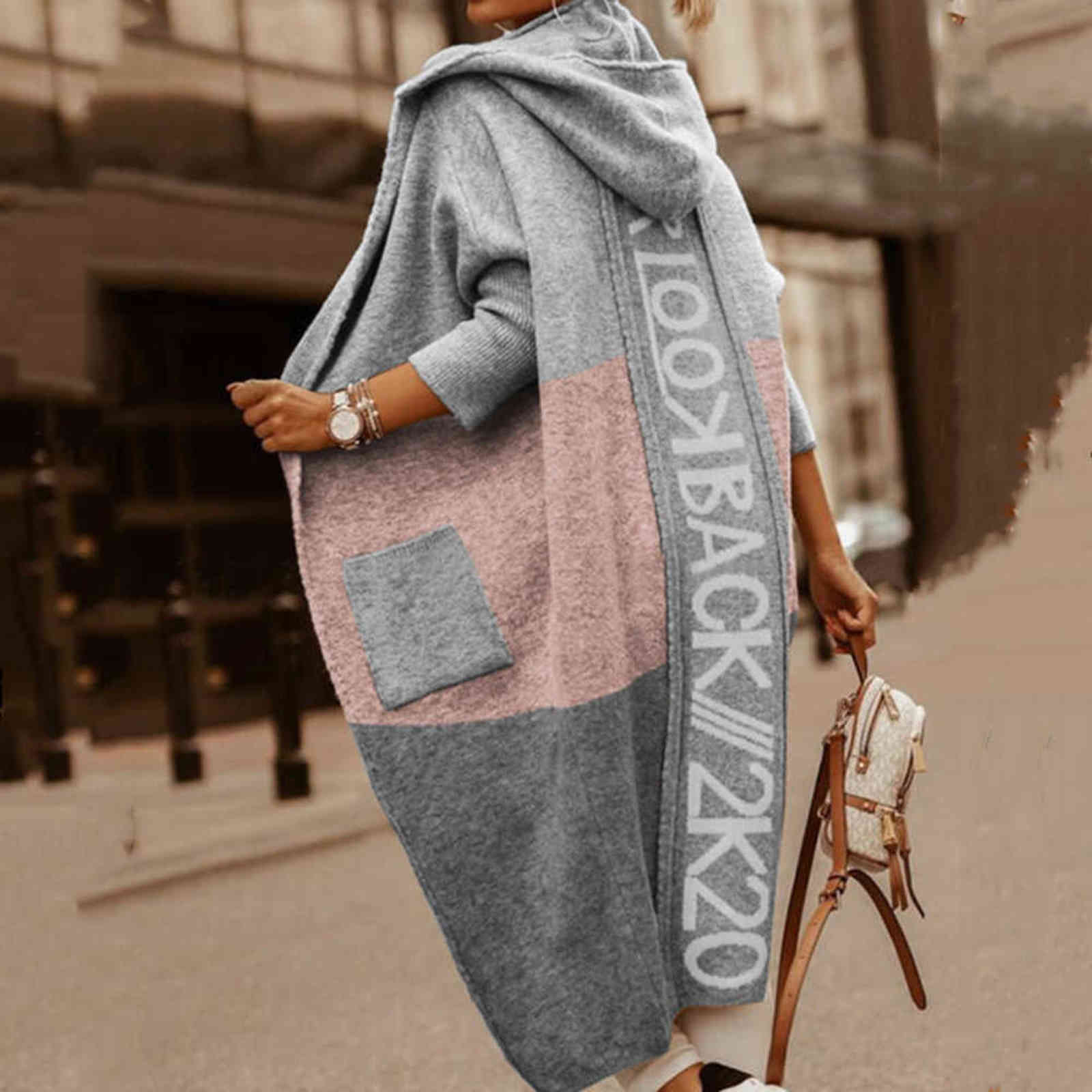 Women's Knitted Mid-length Hooded Cardigan Letter Stitching Knitted Sweater Women Jacket 211117