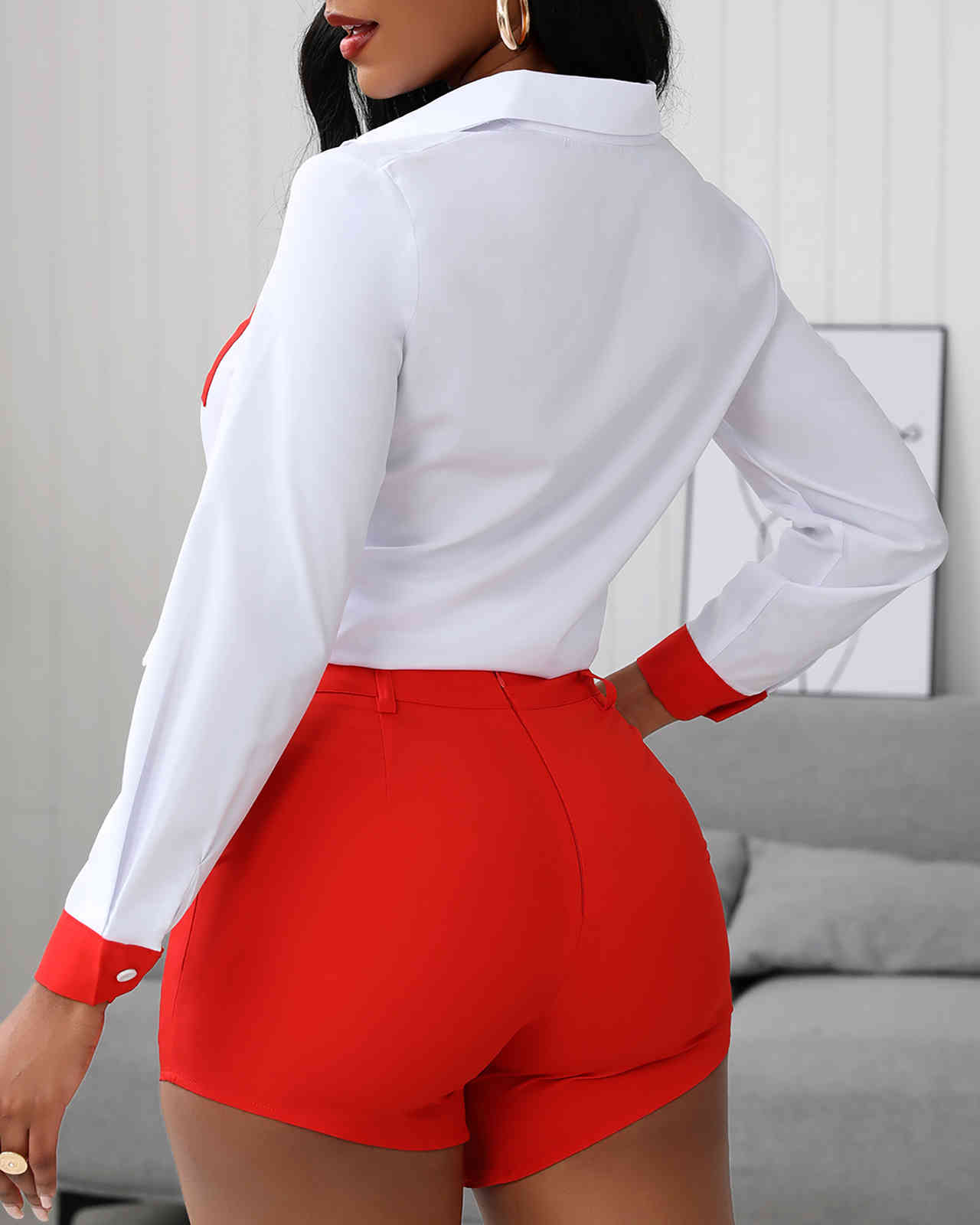 Summer Women Colorblock Tie Front Top & Shorts Set New Femme Casual Turn- down Collar Long Sleeve Shirt & Pants Sets 210415