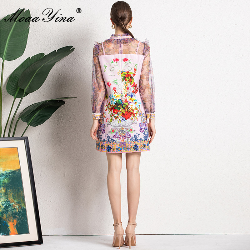 Moaa Yina Summer Fashion Runway Short Dress Women Mesh Patchwork Long sleeve Floral print Vintage Party Mini 210524