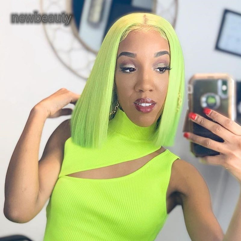 150 Density Middle Part Green Color Synthetic Lace Front Wigs For Black Women Short Straight Pre Plucked Hair Wig