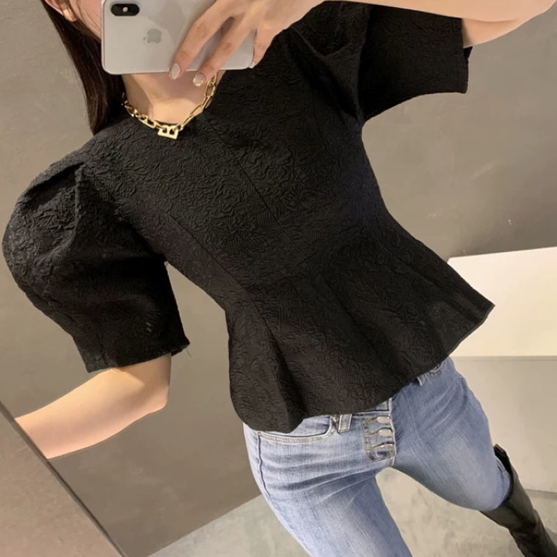 Korea Style Chic Bubble Sleeve Round Neck Women Blosue Short Slim Shirt Office Lady Top Female 13945 210427