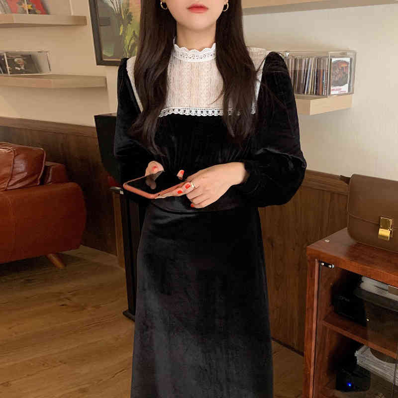 Neploe Maxi Dresses for Women Chic Stand Neck Lace Patchwork Vestidos Slim Waist Elegant Vintage Velvet Robe Dress Femme 4G322 210422