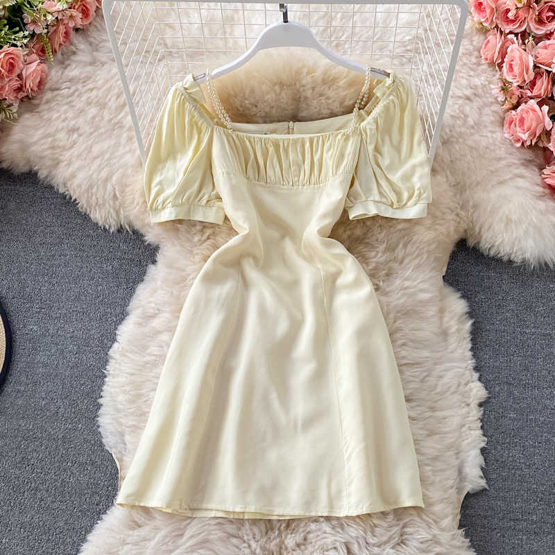 LY VAREY LIN Summer Women Sweet Square Collar Solid Color High Waist Dresses Casual Puff Sleeve Slim A-line Female 210526