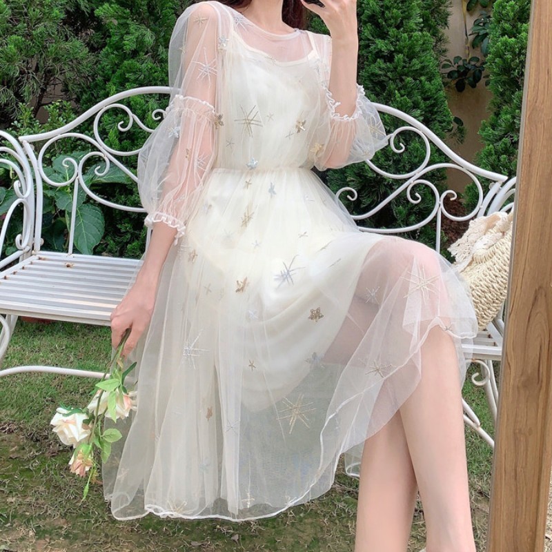 Summer Women Sweet Princess Party Dress Sequined Embroidery Mesh 3/4 Sleeve Elegant Tulle Girl A Line 210519