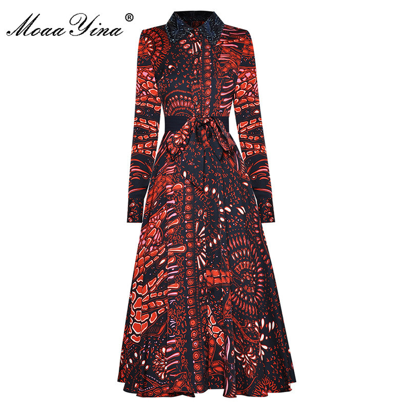 Fashion Runway Summer Vintage Party Dress Women Turn-down Collar Long sleeve Single-breasted Print High waist Midi Dres 210524