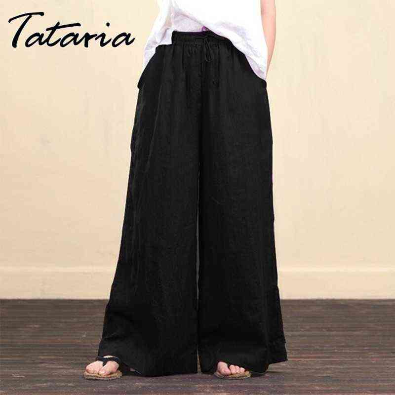 Women Solid Cotton Linen Wide Leg Pants harajuku Casual High Waist big flare Loose Pocket Trousers summer Long Pantalon 4XL 5XL 211115