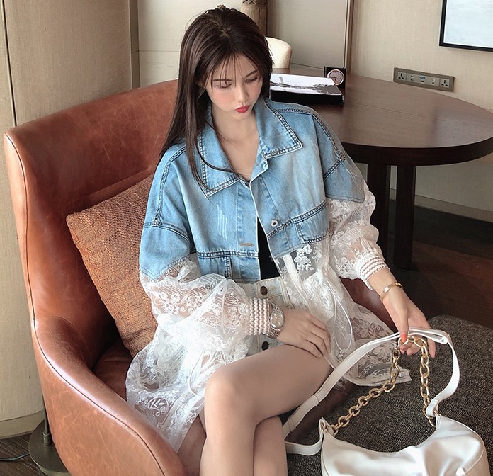 Women's Denim Jacket Lace Spring Summer Elegant Jeans Coat Fashion Ladies s Mujer 210519
