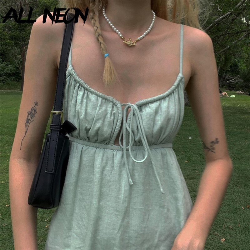 ALLNeon 90s Fashion Drawstring Lace-up Ruffles Short Dresses Y2K Streetwear Backless Strapled Milk Maid Dress Green A-line 2021
ALLNeon 90s Fashion Drawstring Lace-up Ruffles Short Dresses Y2K Streetwear Backless Strapled Milk Maid Dress Green A-line 2021