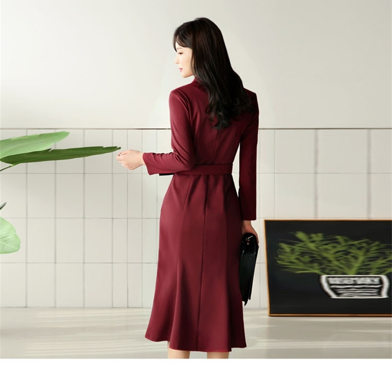Autumn And Winter Arrival Fashion Elegant Korea Dress Women's Long Sleeve Double Breasted Notched Collar vestidos 210520
