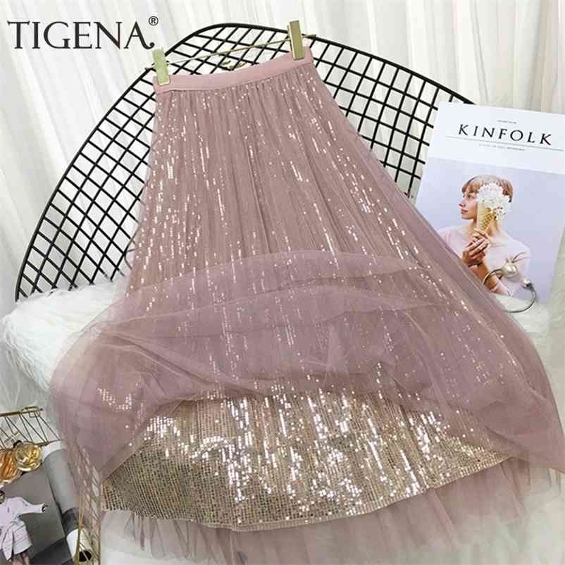 TIGENA 4 Layers Fashion Sequin Tulle Skirt Women Spring Summer Korean Long Maxi Female High Waist Pleated Pink 210621