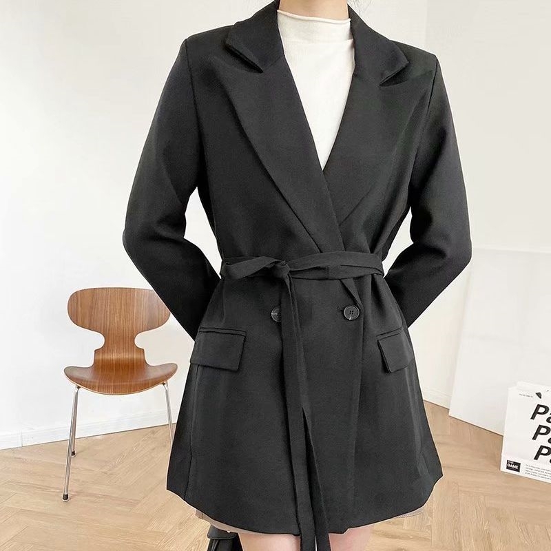 Elegant Women Solid Notched Collar Blazers Fashion Ladies Sashes Pocket Jacket Causal Female Chic Slim Long Coats 210430