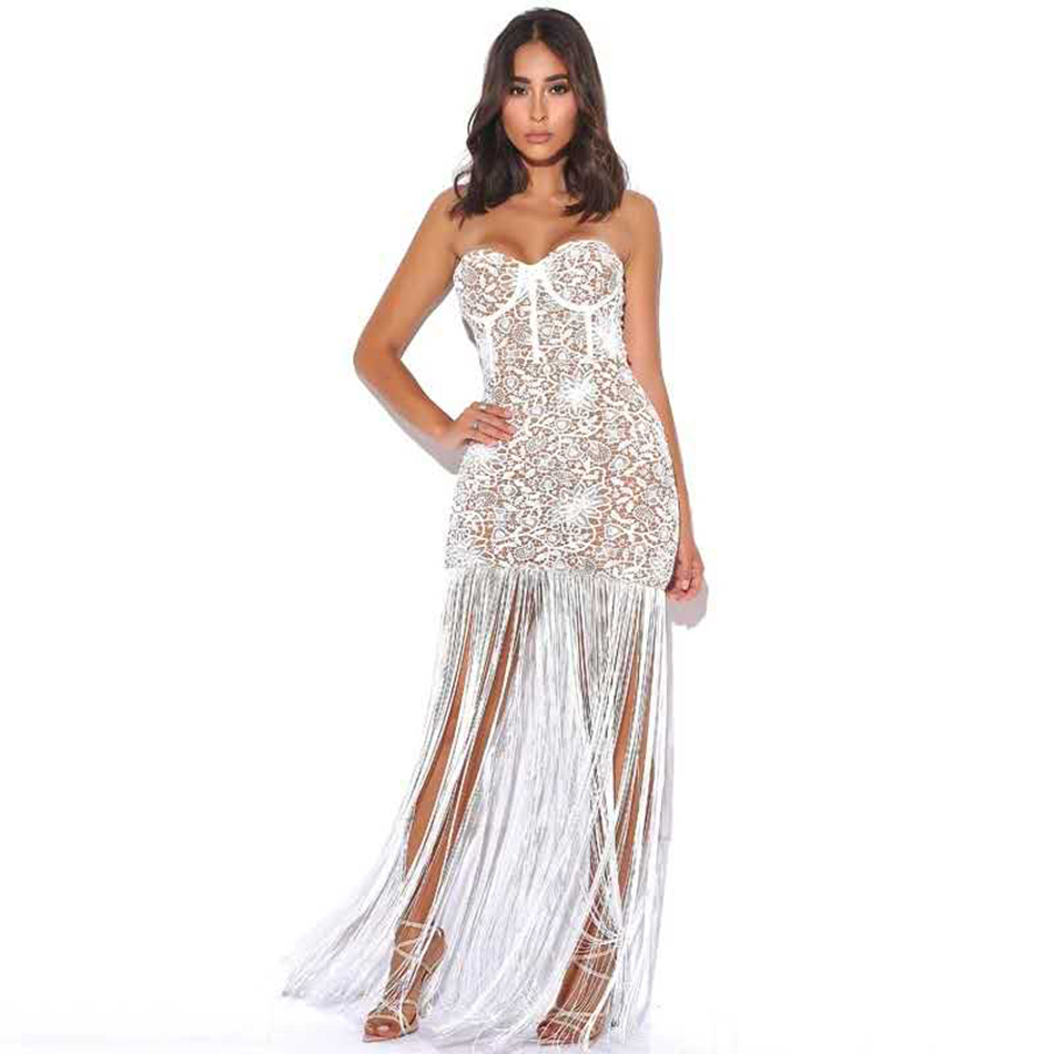 Summer Strapless Long Fringe Dress Night Party Lace Ladies Bodycon Fringed White Maxi Vestido 210525