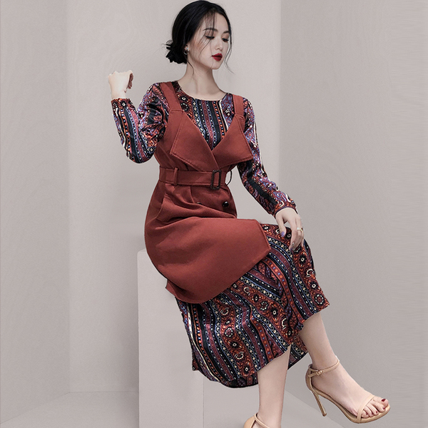 Retro Fashion Ethnic Print Chiffon Long Sleeve Casual Midi Dress + Double breasted Vest Two piece set Women Suit 210518