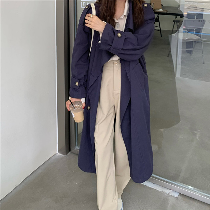 Minimalist Double-breasted Long Trench Coat Elegant OL Overcoat Autumn Solid Work Sleeve Lapel Windbreaker 210421