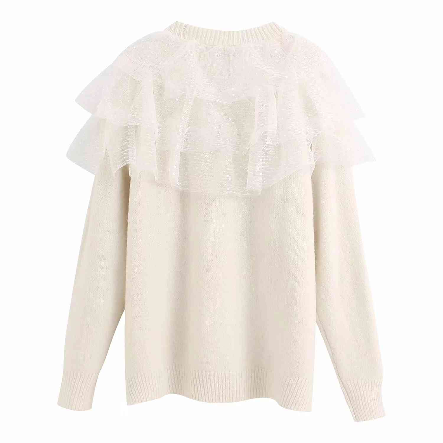 Vintage white ruffle sweater women long sleeve knitted female winter clothes 210521