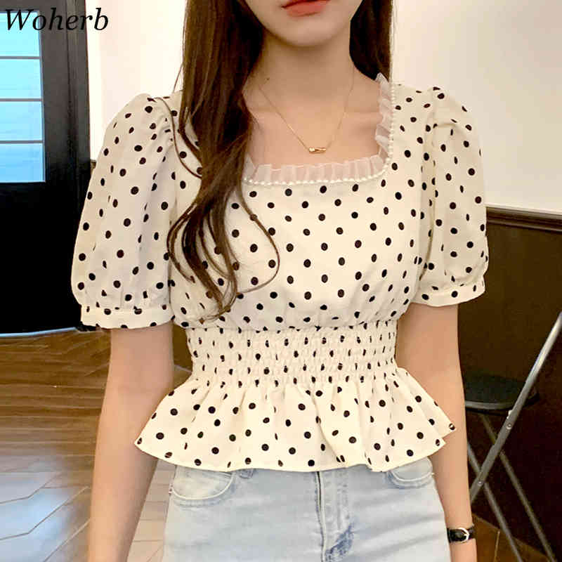 Women Fashion Ruffled Polka Dot Print Cropped Blouses Vintage Square Collar Short Sleeve Female Shirts Chic Tops 210519