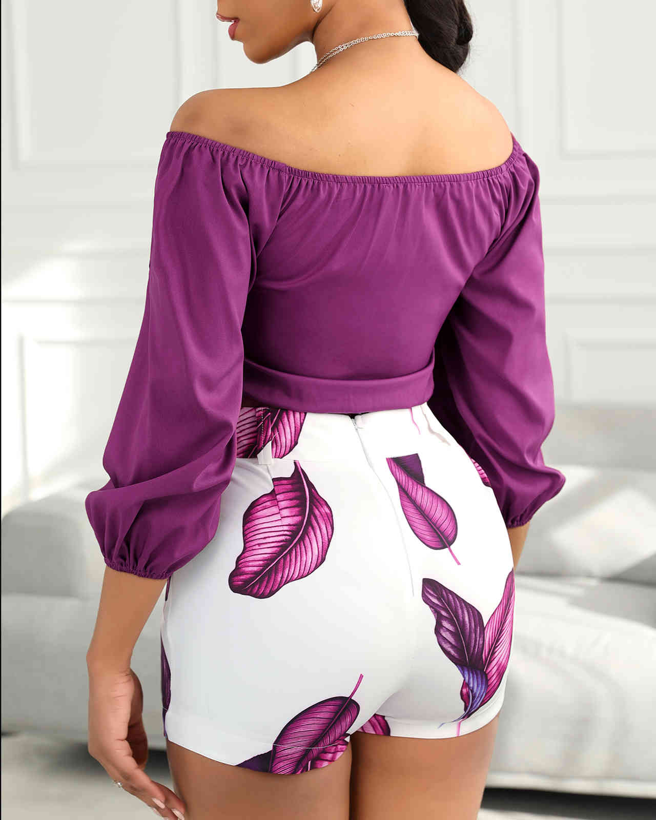 Summer Women Solid Tie Front Top & Shorts Set New Femme Casual Off-Shoulder Mid Sleeve Blouse & Short Pants Suits 210415