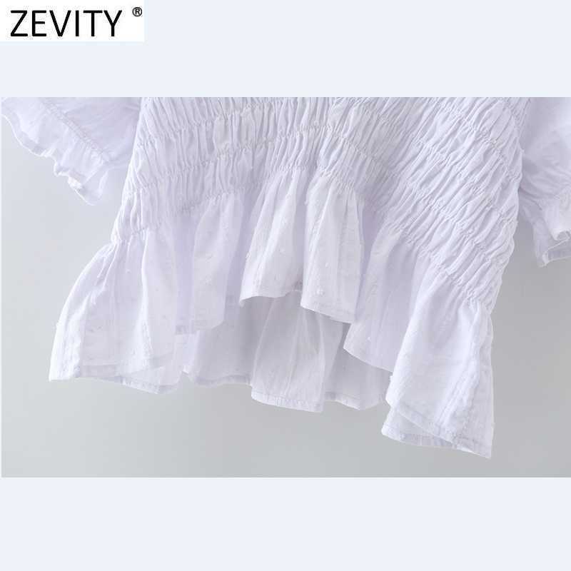 Zevity French Style Women V Neck Elastic Hem Ruffles Short Smock Blouse Female Puff Sleeve White Shirt Chic Blusas Tops LS9156 210603