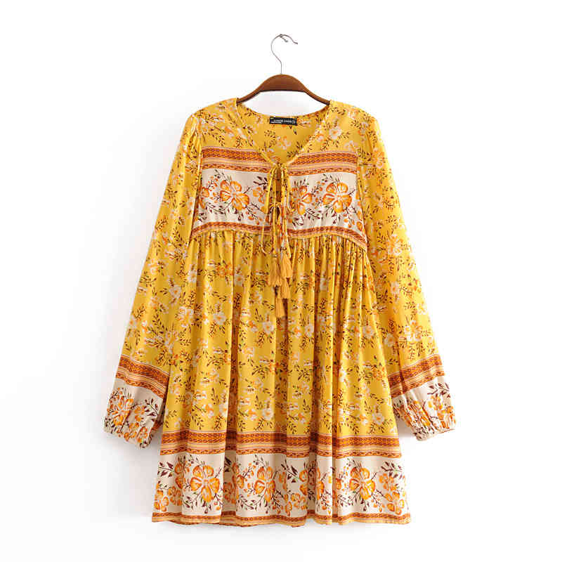 Chu Sau beauty Summer Boho Vintage 5 Colour Floral Print Loose Mini Dress Holiday Tassel Beach Cotton Dresses Female 210508