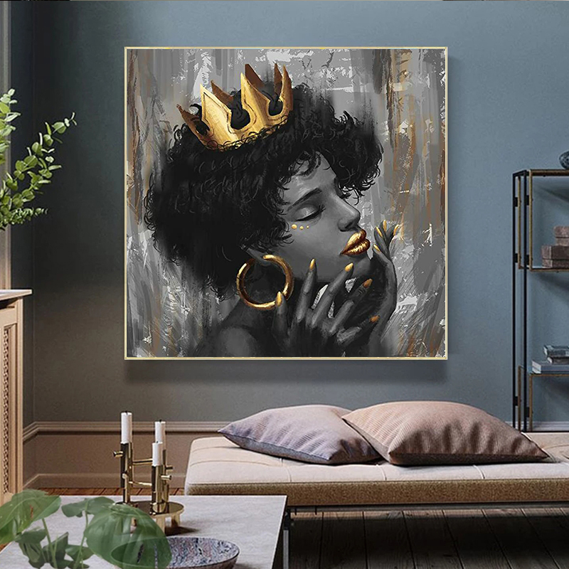 African beautiful black woman with crown art painting canvas picture for home bedroom wall decoration painting