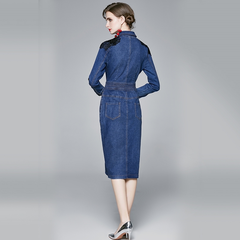 Women Autumn And Winter Vintage Denim Dresses High Quality Long Sleeve Elegant Runway Single-Breasted Blue Vestidos 210520