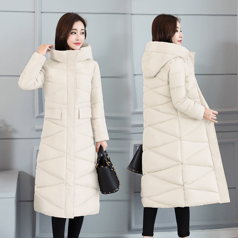 Korea Fashion Women Slim Long Coat Plus Size Hooded Stand Collar Warm Cotton Parkas Winter Thick Jacket Ladies D241 210512