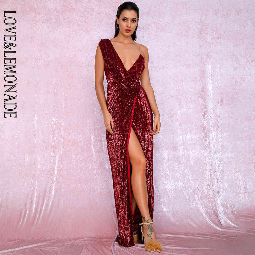 LOVE&LEMONADE Sexy Deep Red Deep V-Neck Whit Split Sequins Party Maxi Dress LM81849 210331