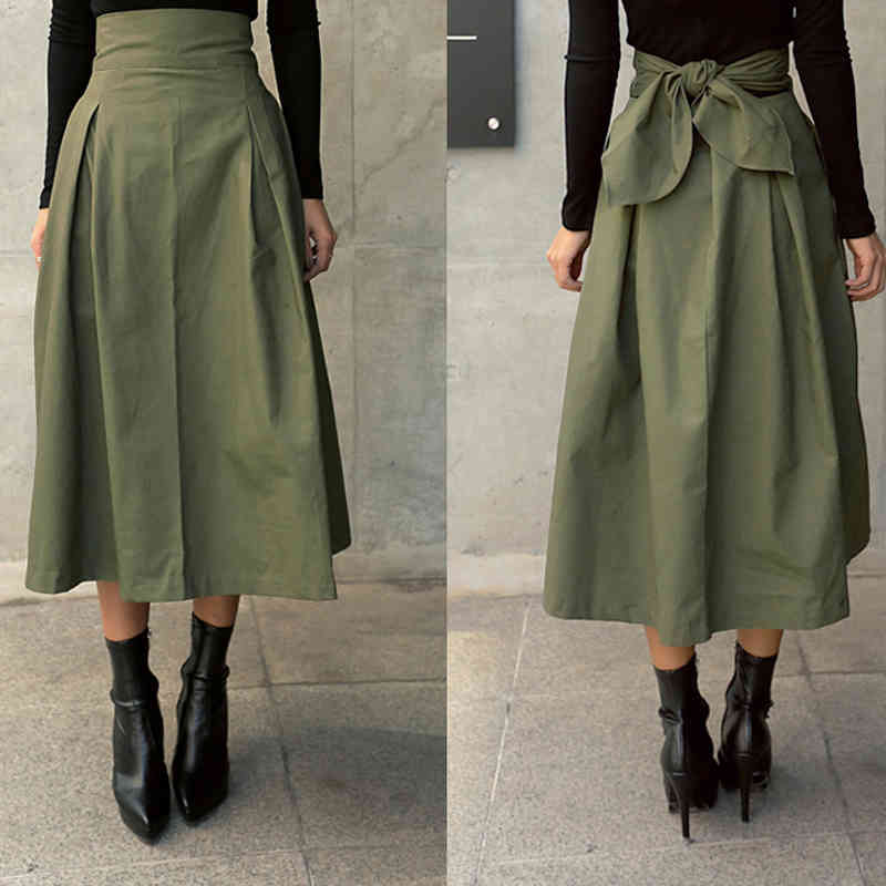 Autumn Solid Skirts Womens Korean Style Cotton Big Swing Ladies Skirt Long Wild High Waist Bow Slim Jupe Femme 9763 210508