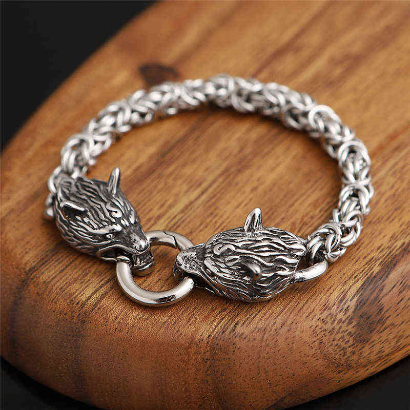 Never Fade Nordic Punk Viking Wolf Charm Bracelet Men Stainless Steel Chain Wristband Gold Head Bangles Accessories Jewelry 211124