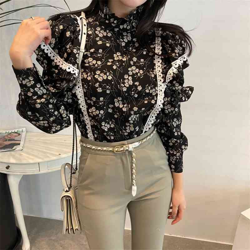 Comelsexy Office Lady Florals Stand Female Loose Printed Fashion All Match Streetwear Blouses Chic Vintage Lace Shirts 210515