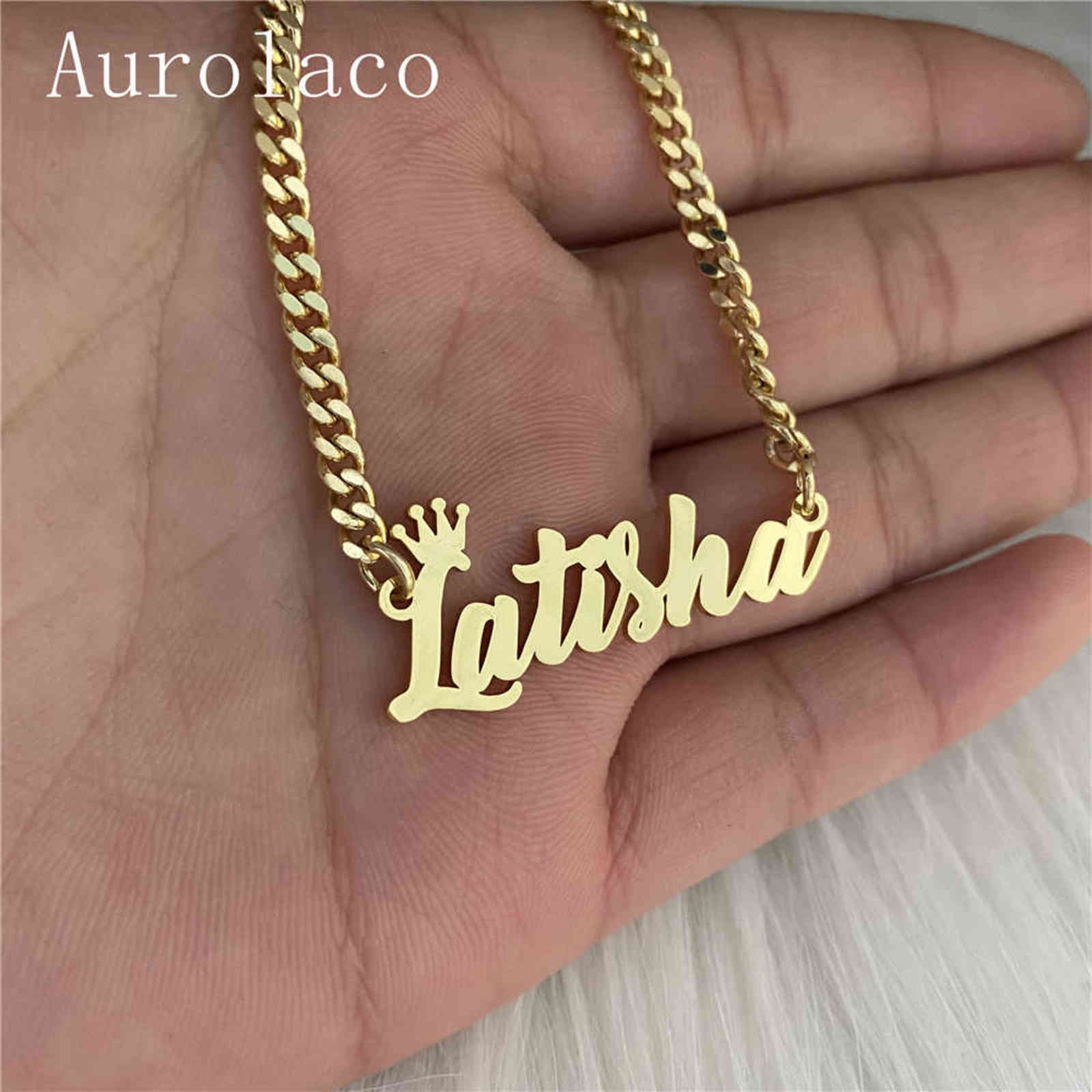 AurolaCo Custom Name Necklaces with Crown Cuban Chain Necklaces Stainless Steel Custom Letter Necklace For Women Gift 211123