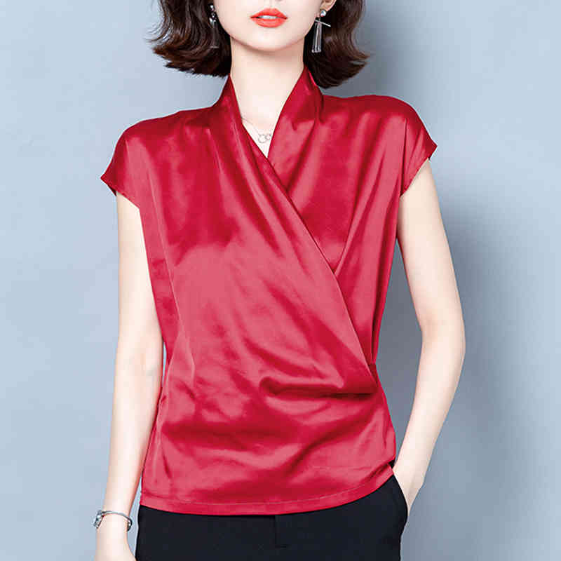 Summer Elastic Satin Top Fashion V-neck Loose Shirt Women's Short-Sleeved Plus Size Solid Women Blouse 9852 210415