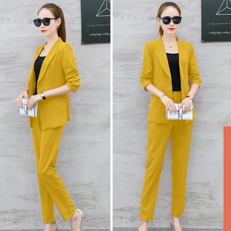 Women's Office Lady Two Pieces Sets Casual Work Blazer High Waist Pants Suits Female Notched Collar Jacket for women 210428
