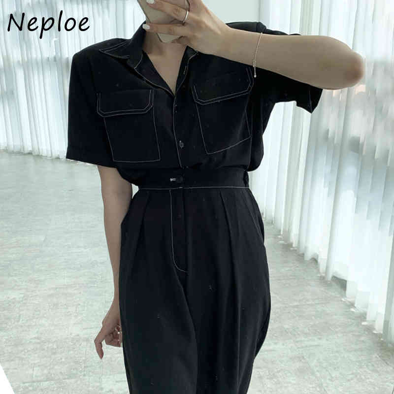 Work Style Ol 2 Pcs Women Set Turn Down Collar Short Sleeve Single Breast Shirt + High Waist Hip Straight Pant Black Suit 210422