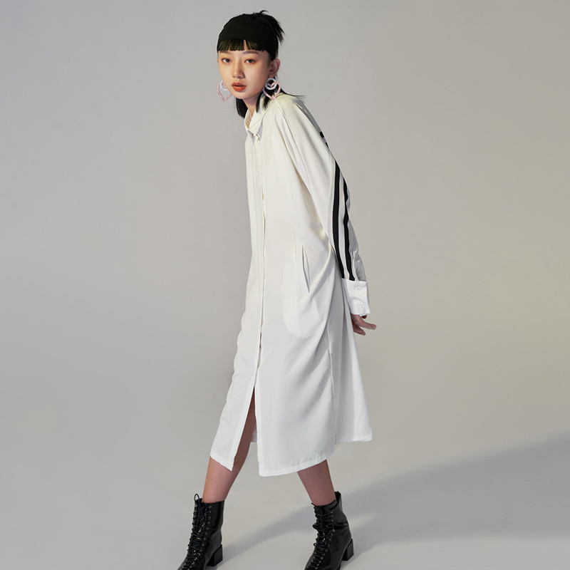 back striped shirt dress women's summer lapel single breasted long sleeve mid-calf dresses female tide 5C951 210427