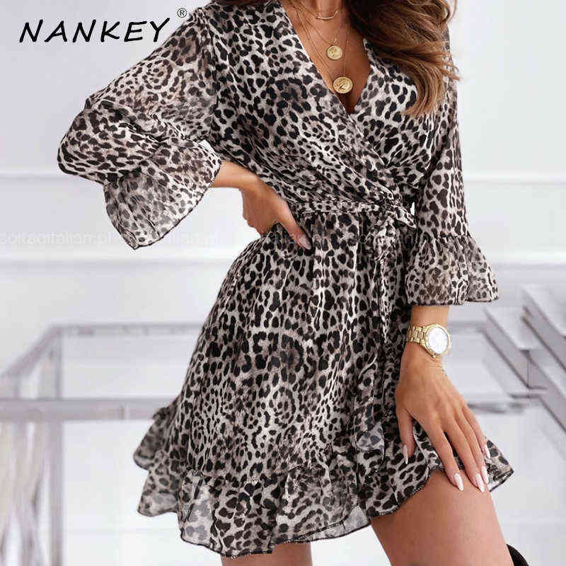 NANKEY Leaf Print 3/4 Sleeve Summer Dress For Women Casual Leopard V Neck Mini Dress Sashes Club Dress Female Party Vestidos 210630