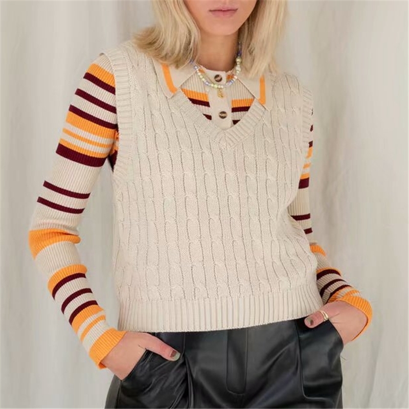 Vintage Women V-Neck Sweaters Vest Fashion Ladies Solid Knitted Tanks Streetwear Female Chic Beige Pullovers 210430