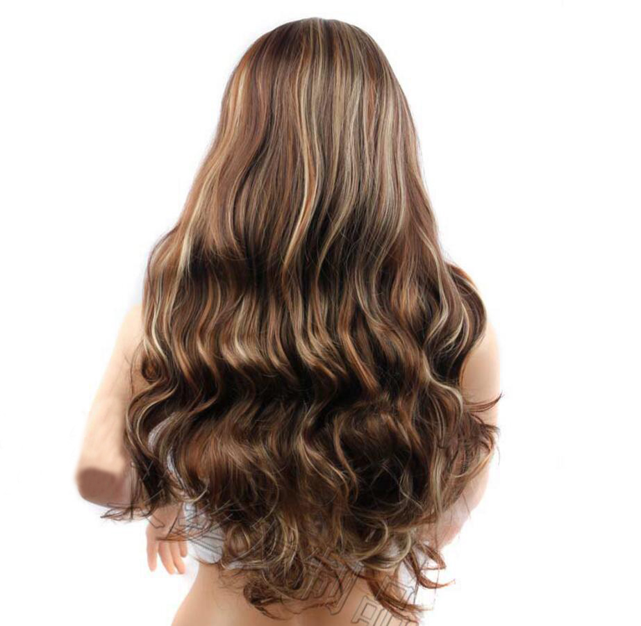 New Fashion Long Wave Brown Highlighted blond Synthetic wig with Qi Bangs women's Hair wigs for life Cosplay