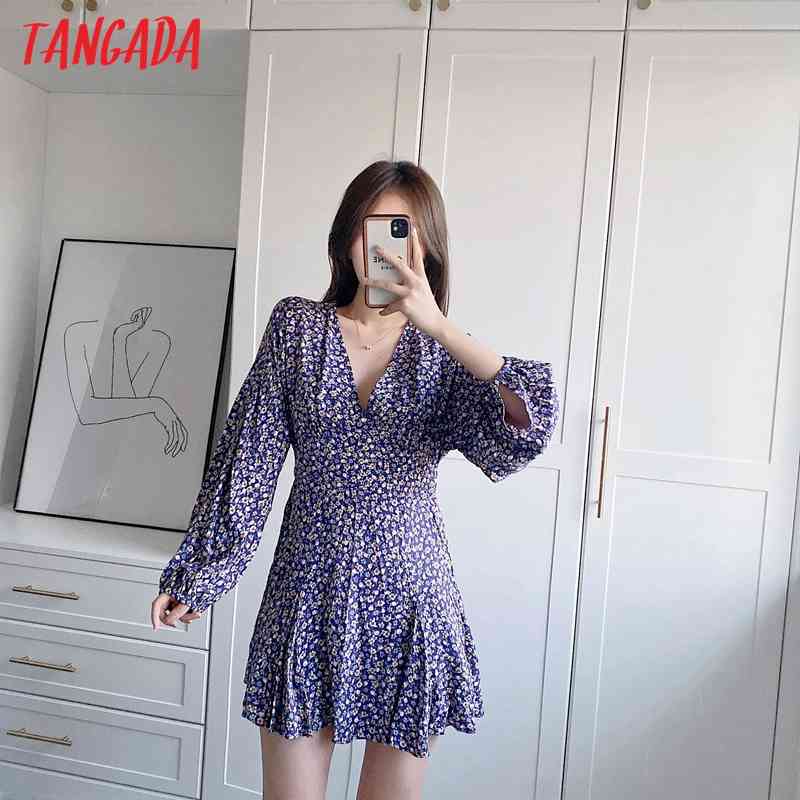 Fashion Women Purple Flowers Print V Neck Long Sleeve Ladies Casual A-line Dress 5Z67 210416