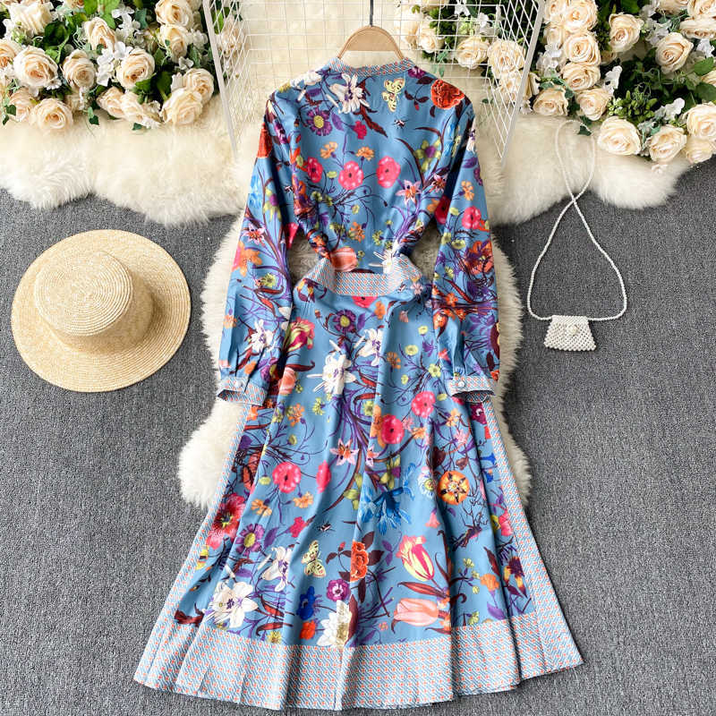 Women Fashion Chic Round Neck Long Sleeve Print A-line Dress Elegant Clothes Vestidos De Mujer R889 210527