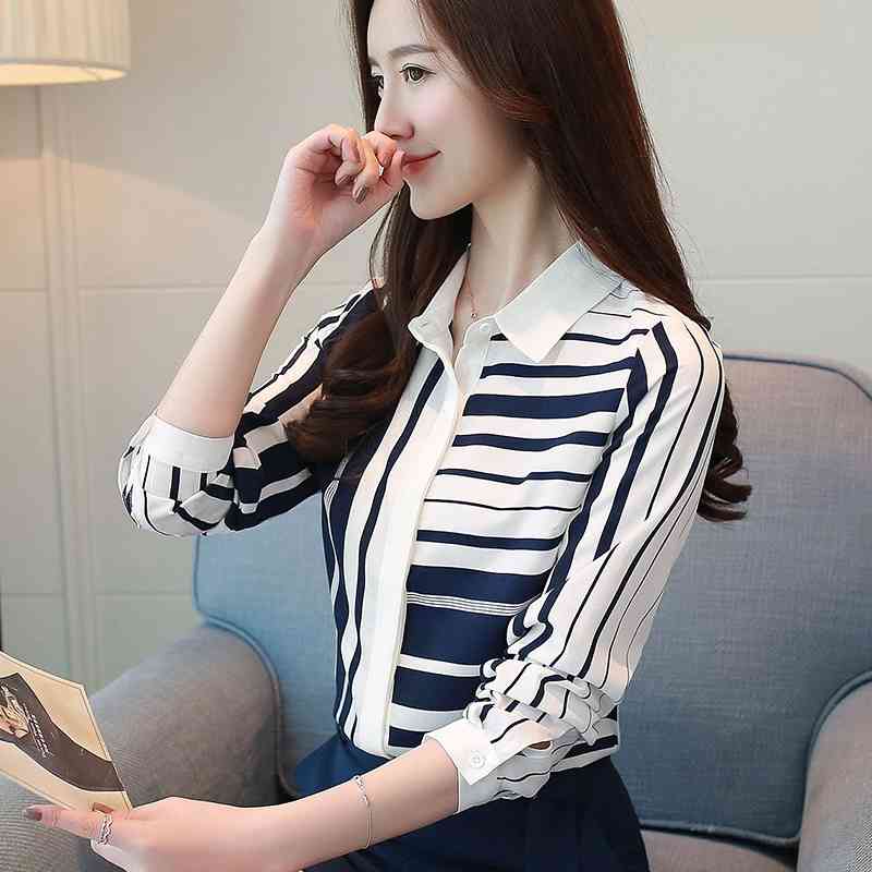 fashion Korean women blouse long-sleeved thin chiffon striped square collar OL style slim fit top 0924 40 210506