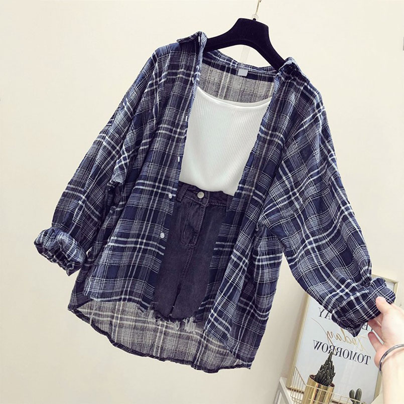 Design Fashion Plaid Women Tops and Blouses Female Casual Matching Color Long Sleeve Button Loose Plaid Shirt Top blusas mujer d