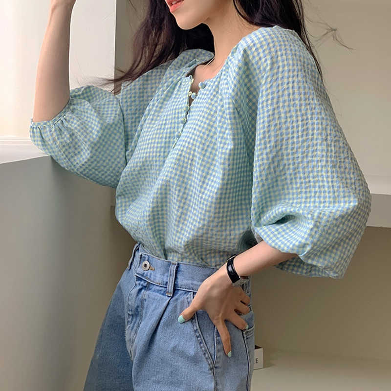 Korejpaa Women Shirt Summer Korean Age-Reducing Fresh Round Neck Small Breasted Loose Versatile Puff Sleeve Plaid Blouses 210526