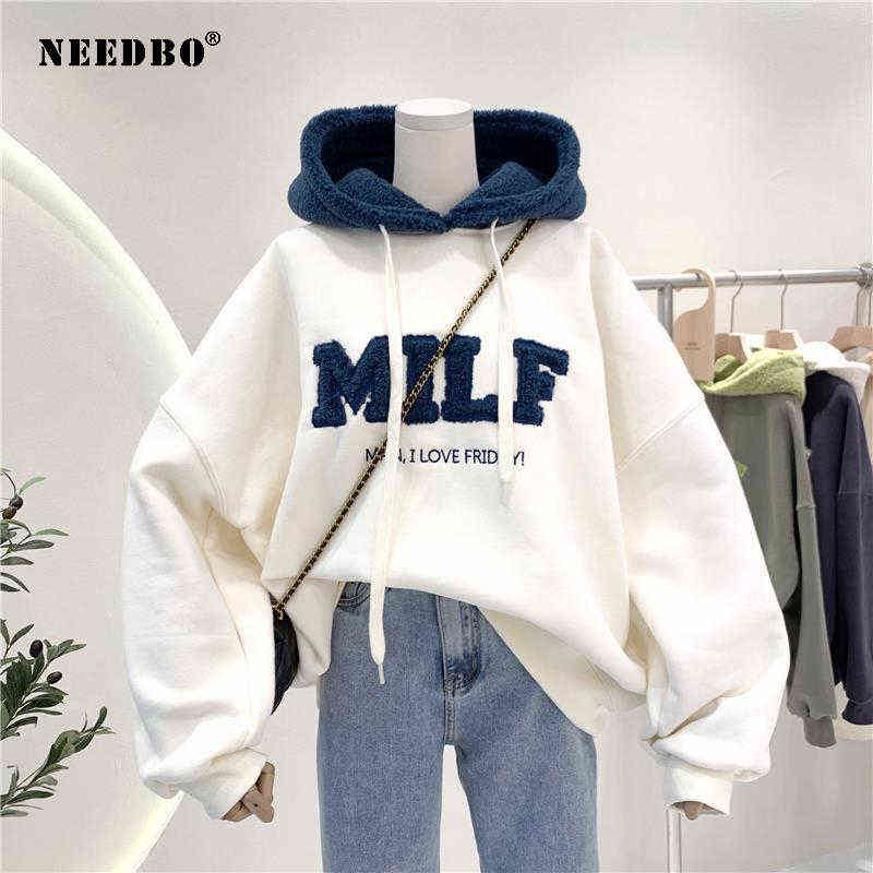 NEEDBO MILF Hoodie's Sweatshirts Letter Print Lamb Wool Pullovers Loose Korean Style Jacket Full Sleeve Casual Tops 211104