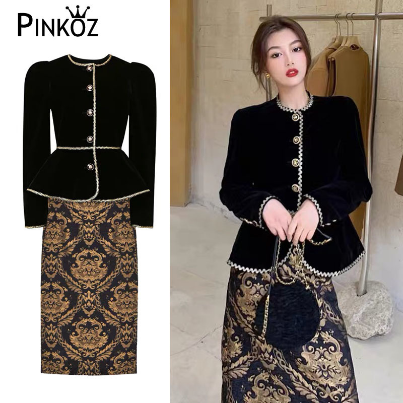 vintage autumn winter two pieces set ruffles single brested buttons black jacket tops printed pencil skirt women sets 210421