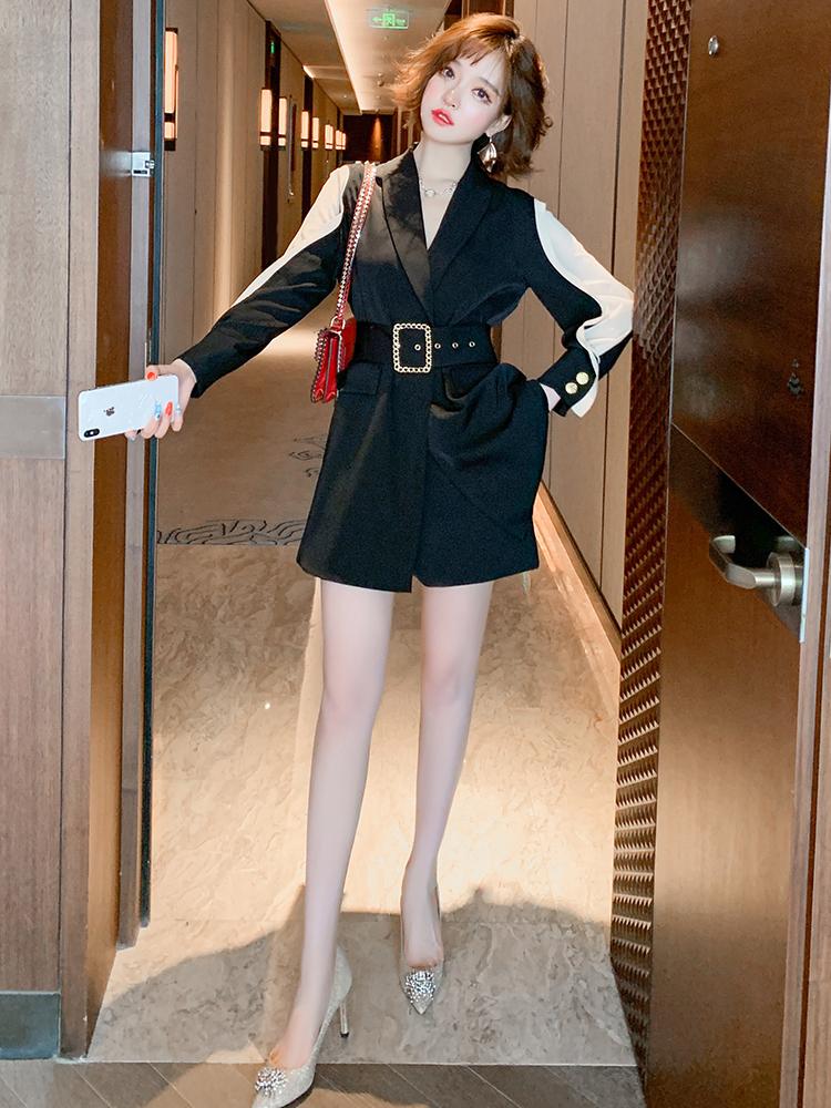 Fashion Contrast Stitching Waistband Waist Hugging Long Blazer + High-Waisted Shorts Suit, Female 2021 Early Autumn Women's Tracksuits